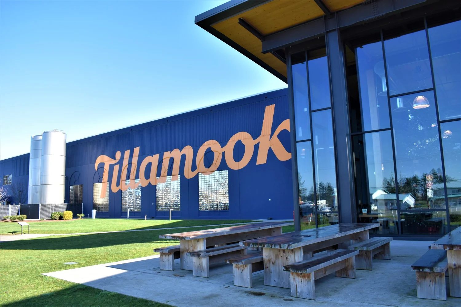 Tillamook Creamery exterior with the iconic blue building and script logo